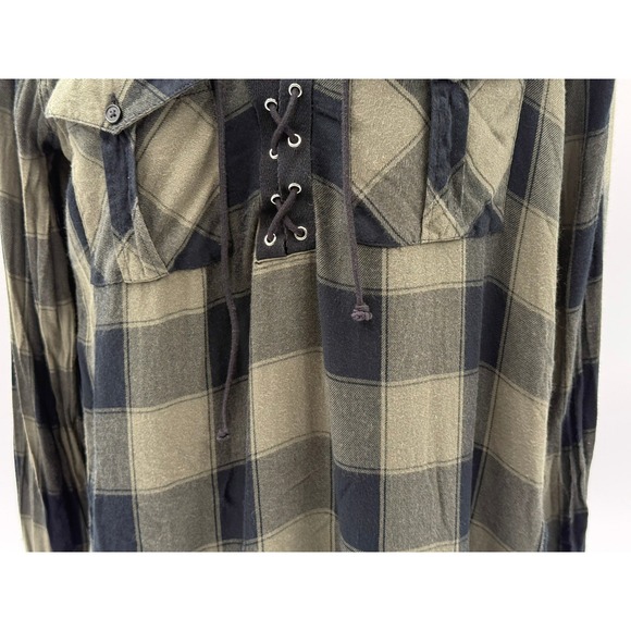 Express Plaid Lace-Up‎ Long Sleeve Top Womens Small Olive Green Black Casual - Picture 5 of 16
